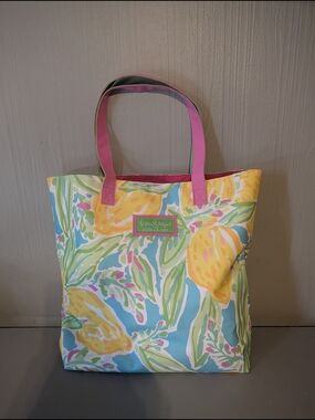 Lilly Pulitzer Pink-Handled Floral Tote Bag - Yellow & Aqua Print